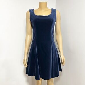 Laura Ashley Navy Blue Velvet Square‎ Neck Fit Flare Dress UK 12 USA 8